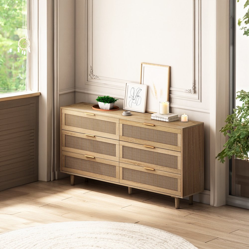 59" Brown Wood Coastal Sideboard with Six Drawers
