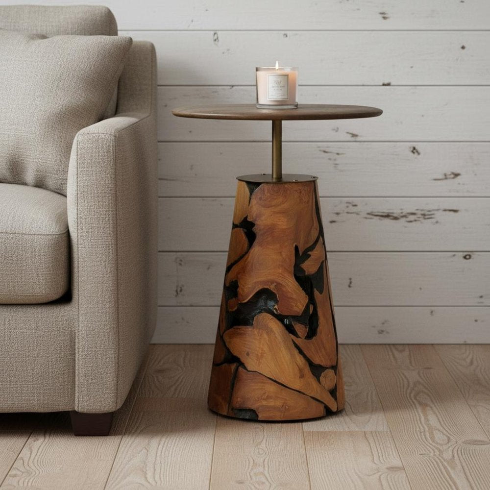 26" Natural Distressed Wood Round Pedestal End Table