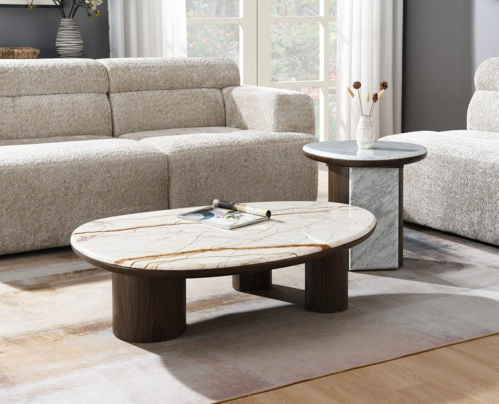 47" Brown Genuine Marble and Wood Oval Coffee Table