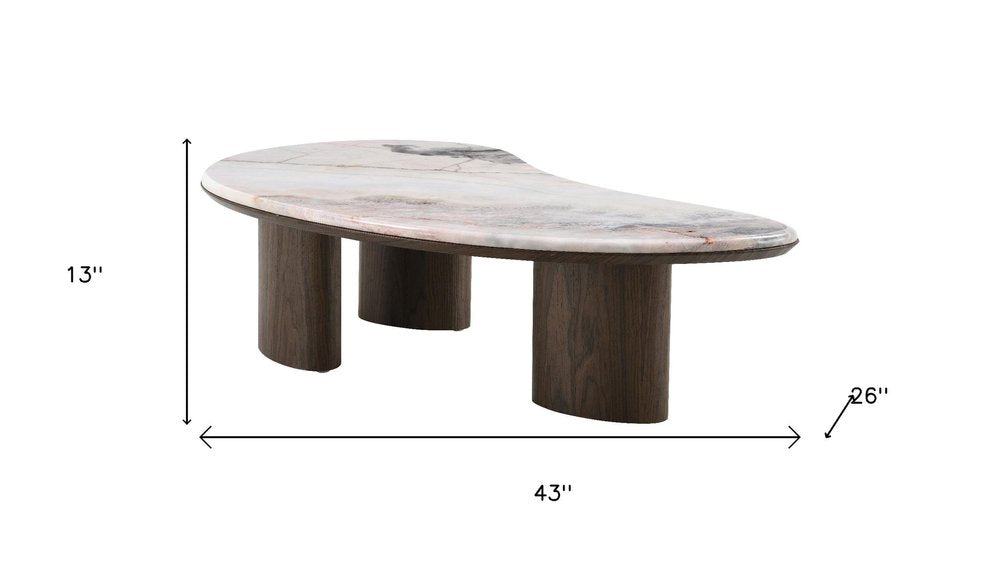43" Brown and White Marble and Wood Free Form Coffee Table