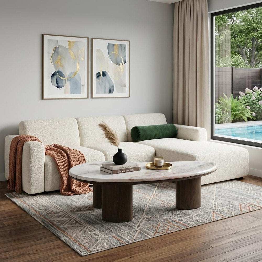 43" Brown and White Marble and Wood Free Form Coffee Table