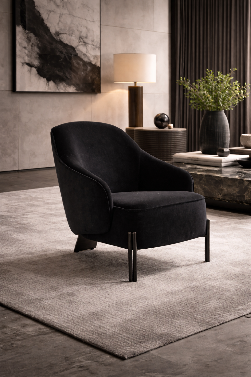 33" Black Velvet Tri-Pod Barrel Chair