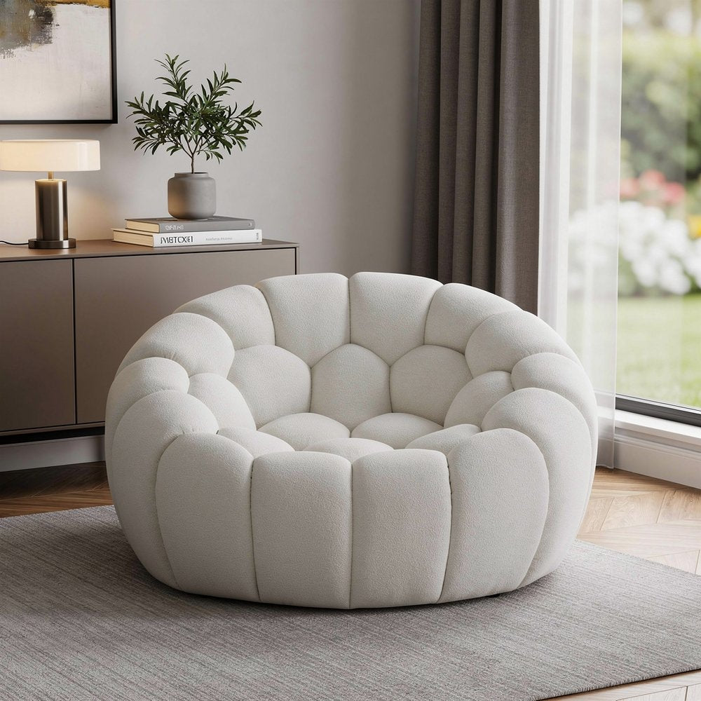 49" White Tufted Bouclé Curved Bubble Chair