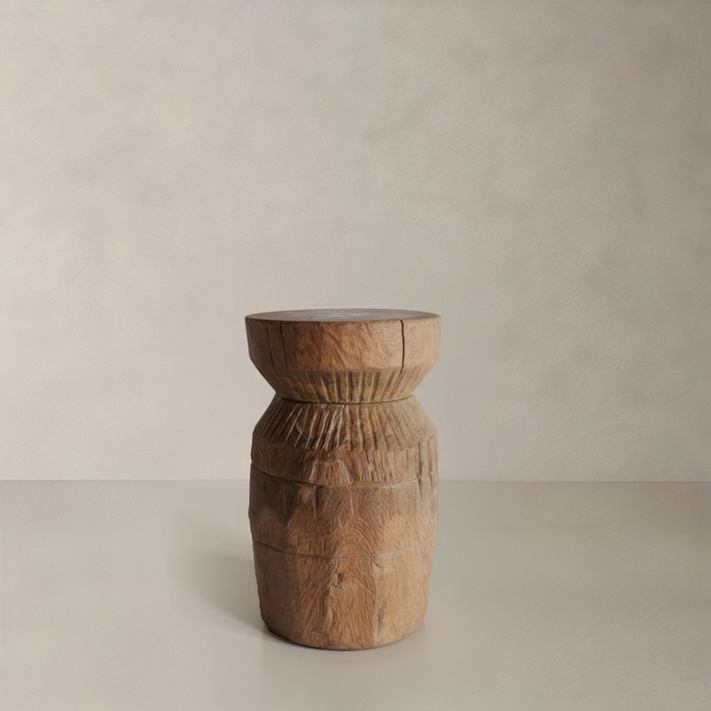 19" Natural Distressed Wood Drum Pedestal End Table