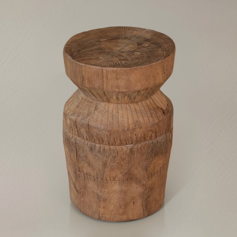 19" Natural Distressed Wood Drum Pedestal End Table