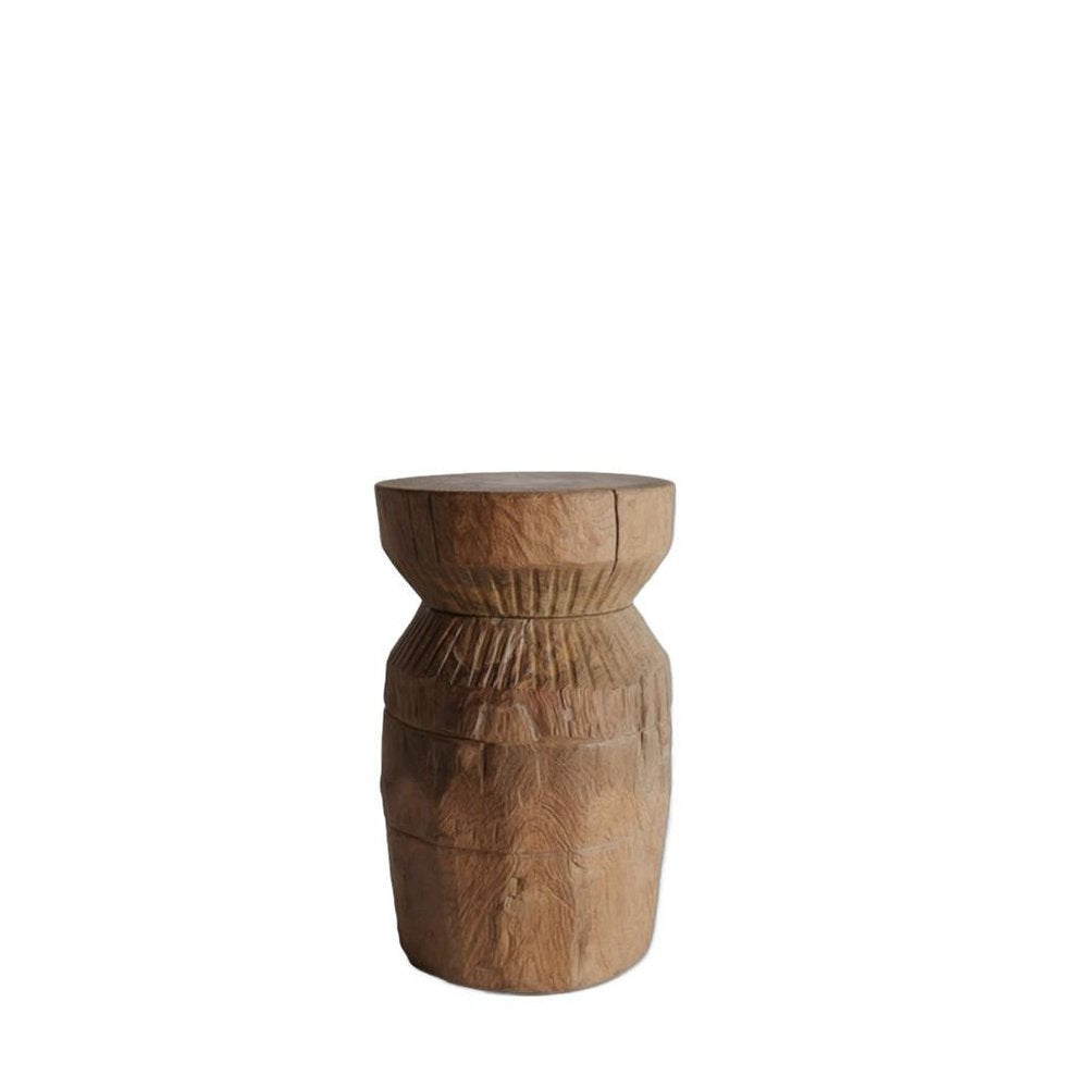 19" Natural Distressed Wood Drum Pedestal End Table