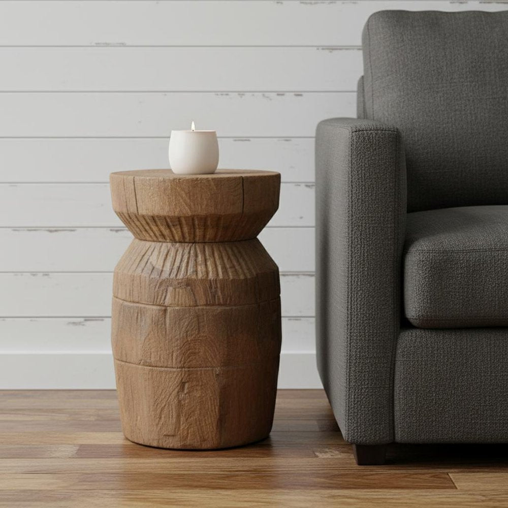 19" Natural Distressed Wood Drum Pedestal End Table