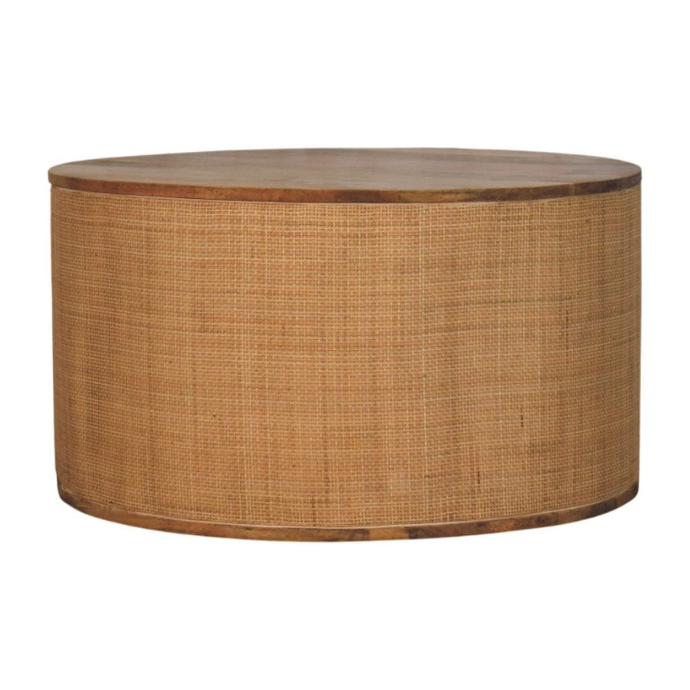 30" Brown Wood and Rattan Drum Coffee Table