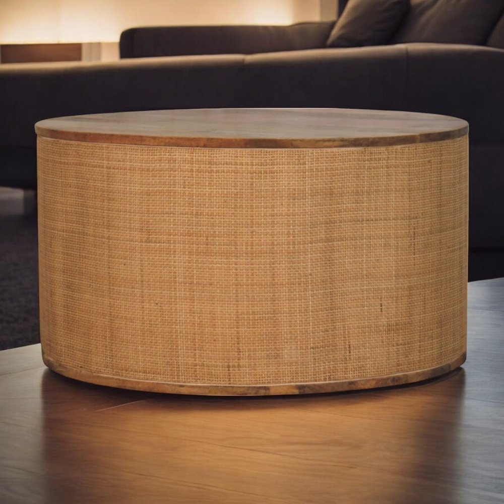 30" Brown Wood and Rattan Drum Coffee Table
