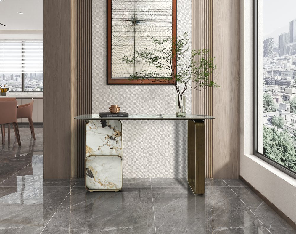 55" White and Bronze Ceramic and Metal Double Pedestal Console Table