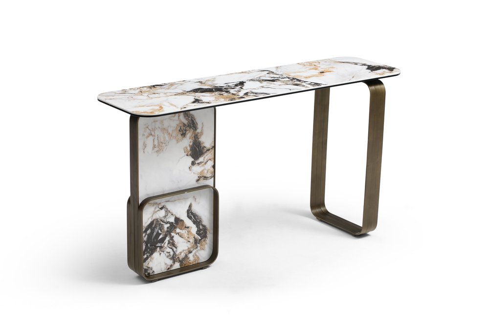 55" White and Bronze Ceramic and Metal Double Pedestal Console Table
