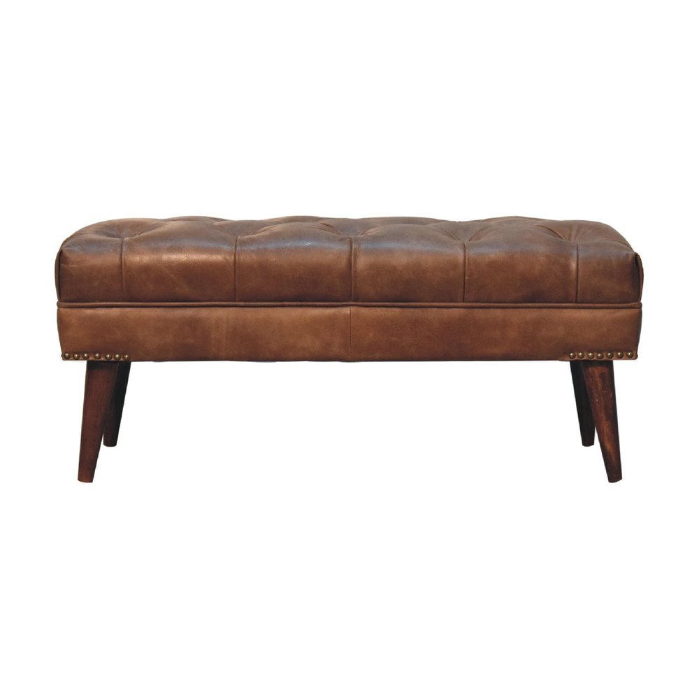 35" Brown Leather Studded Bench with Storage