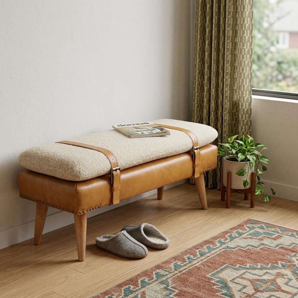 35" Bouclé and Leather Wood Upholstered Bench