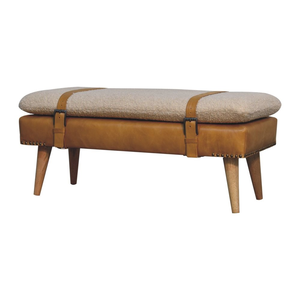 35" Bouclé and Leather Wood Upholstered Bench