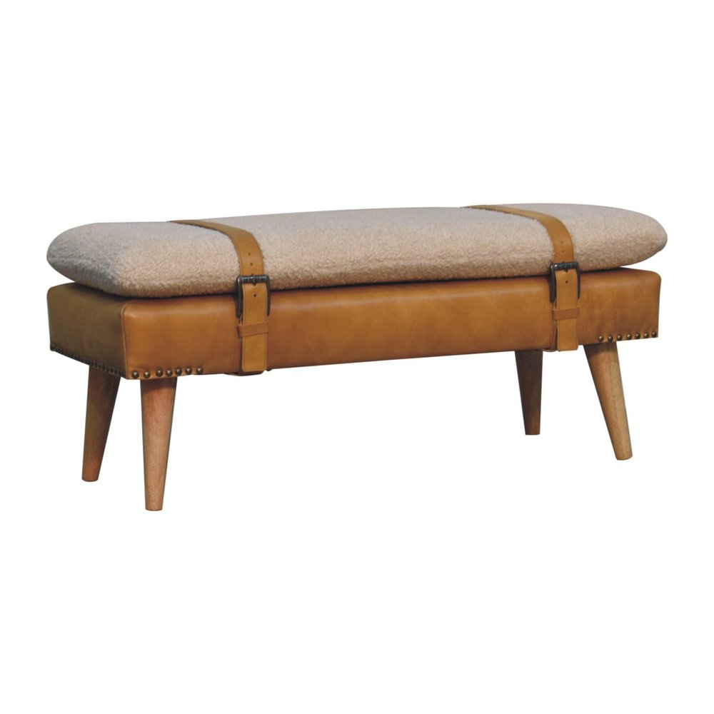 35" Bouclé and Leather Wood Upholstered Bench