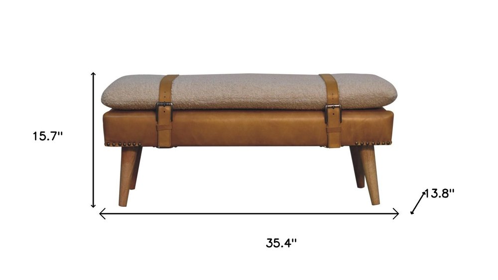 35" Bouclé and Leather Wood Upholstered Bench