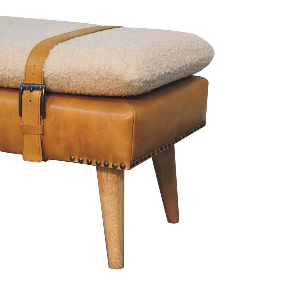 35" Bouclé and Leather Wood Upholstered Bench