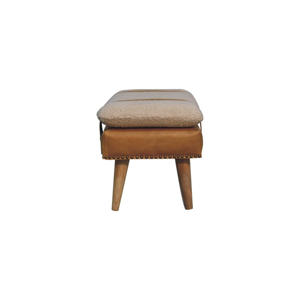 35" Bouclé and Leather Wood Upholstered Bench