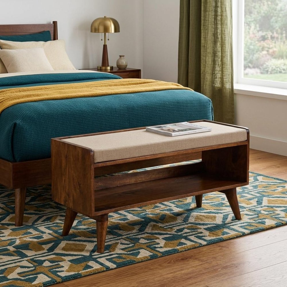 35" Brown Mid-Century Foyer Bench