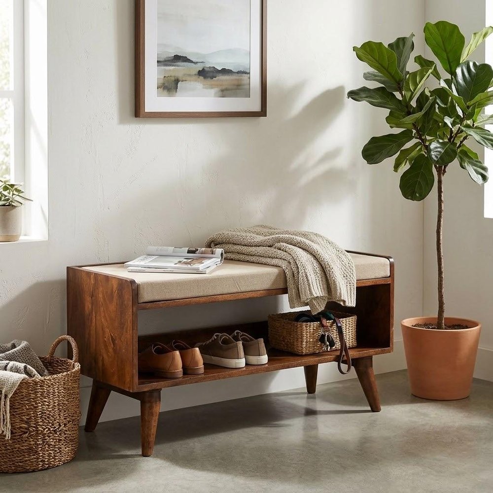 35" Brown Mid-Century Foyer Bench