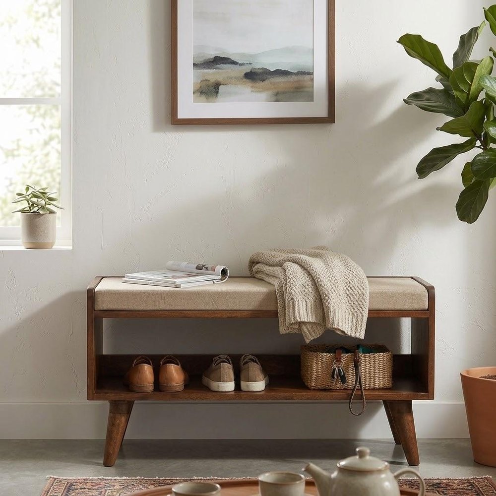 35" Brown Mid-Century Foyer Bench