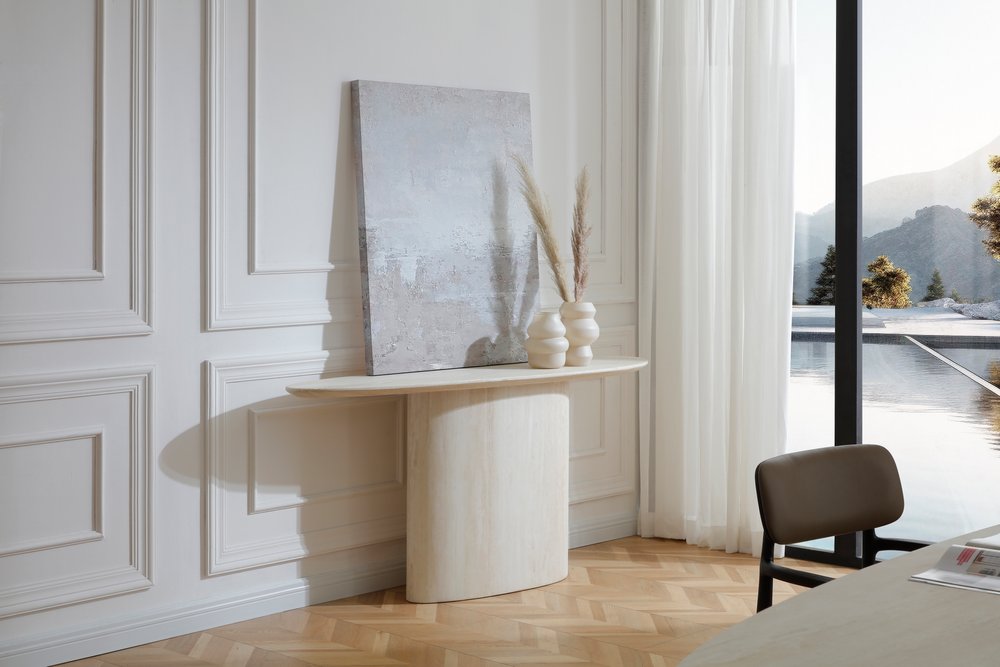 71" Beige Marble Pedestal Console Table