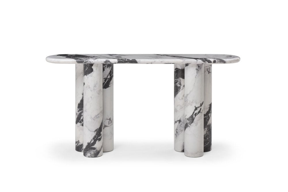 60" White Marble and Stone Double Pedestal Console Table