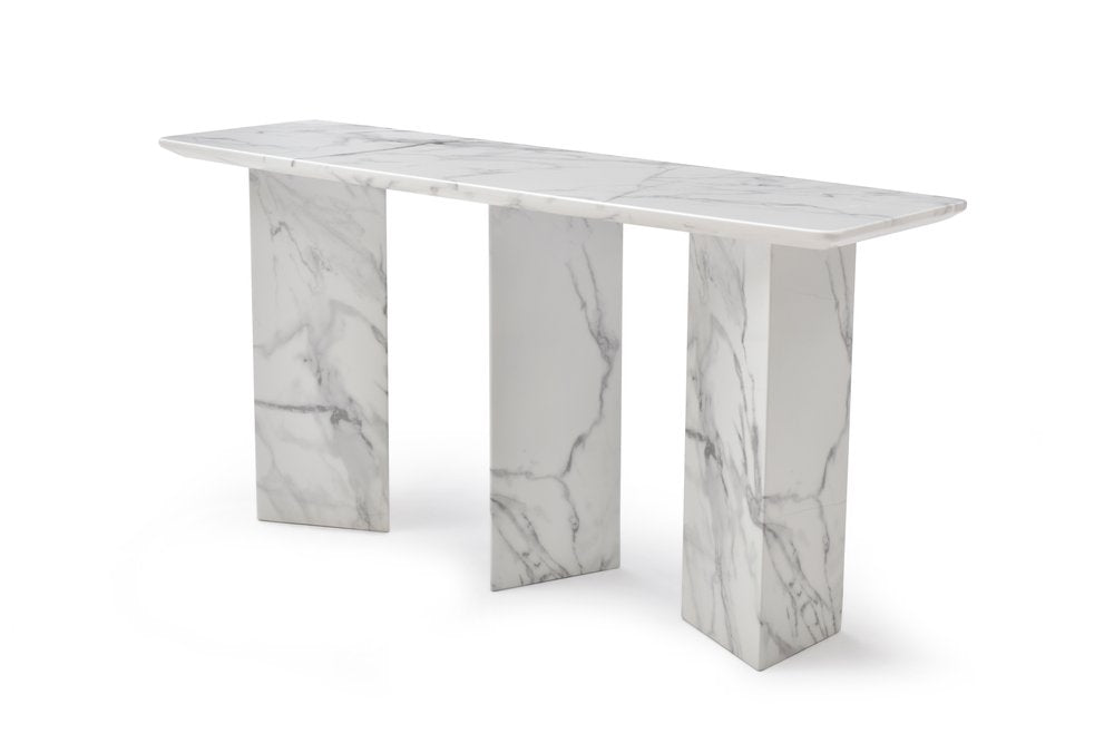 60" White Marble and Stone Three Leg Console Table