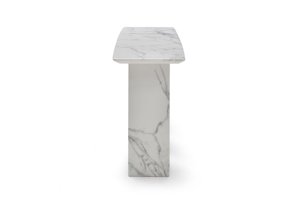 60" White Marble and Stone Three Leg Console Table