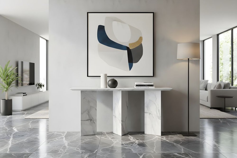 60" White Marble and Stone Three Leg Console Table