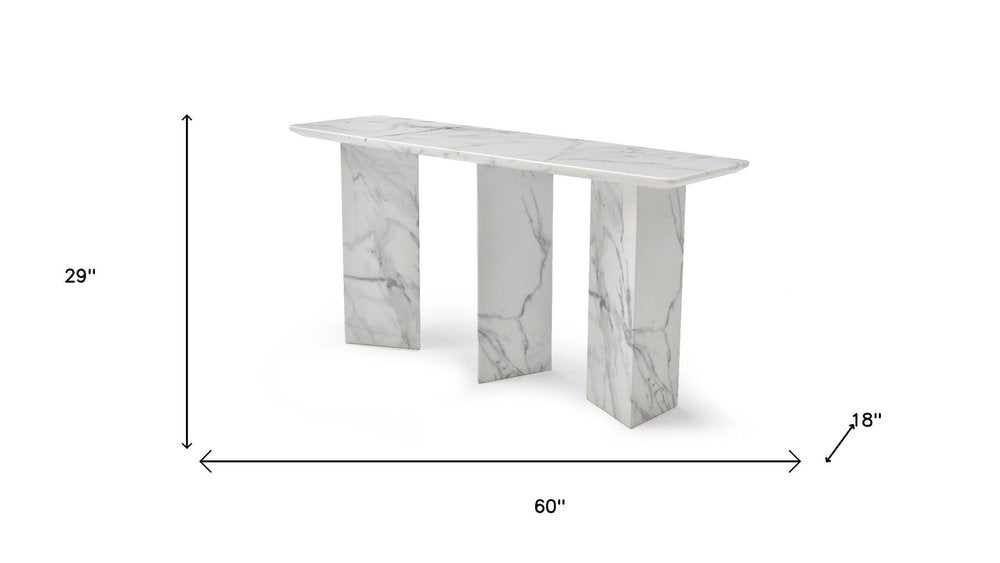 60" White Marble and Stone Three Leg Console Table