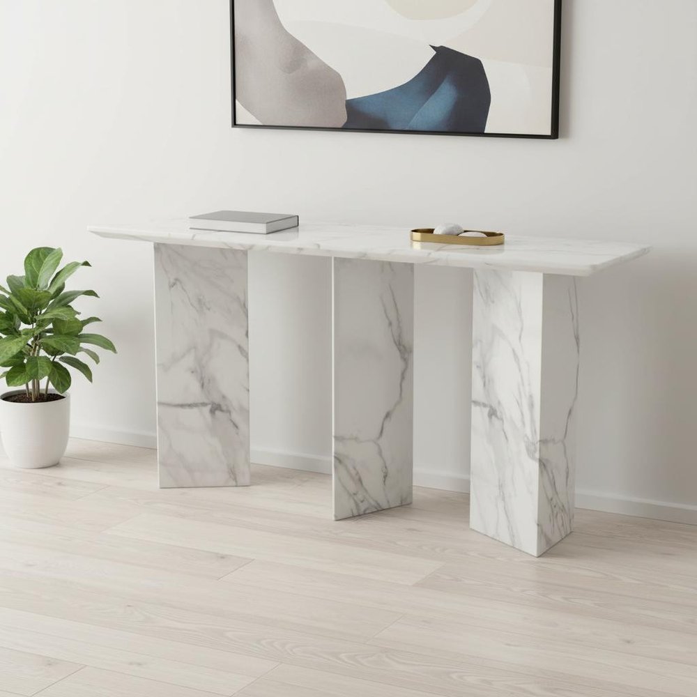 60" White Marble and Stone Three Leg Console Table