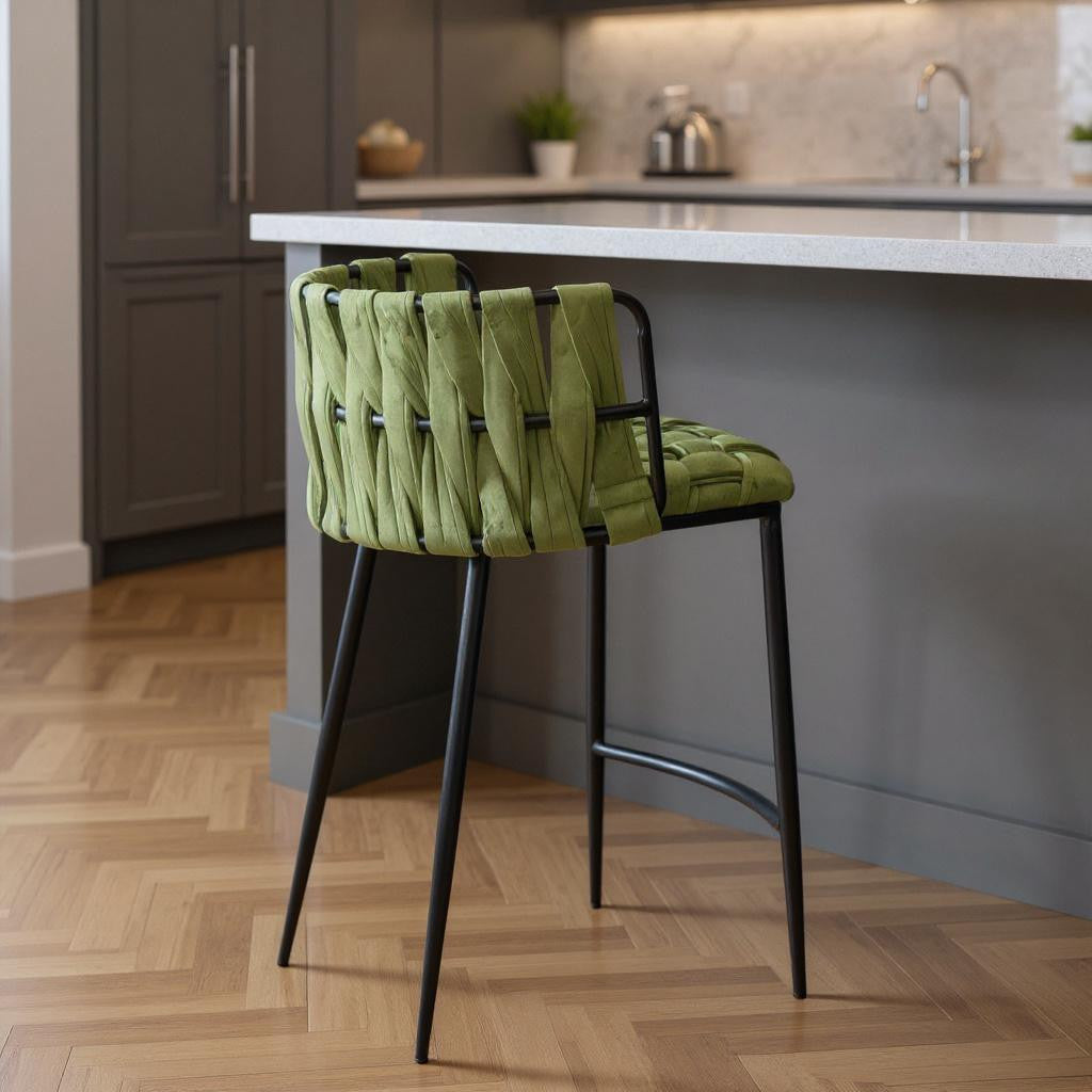 35" Velvet and Bouclé Woven Bar Chair