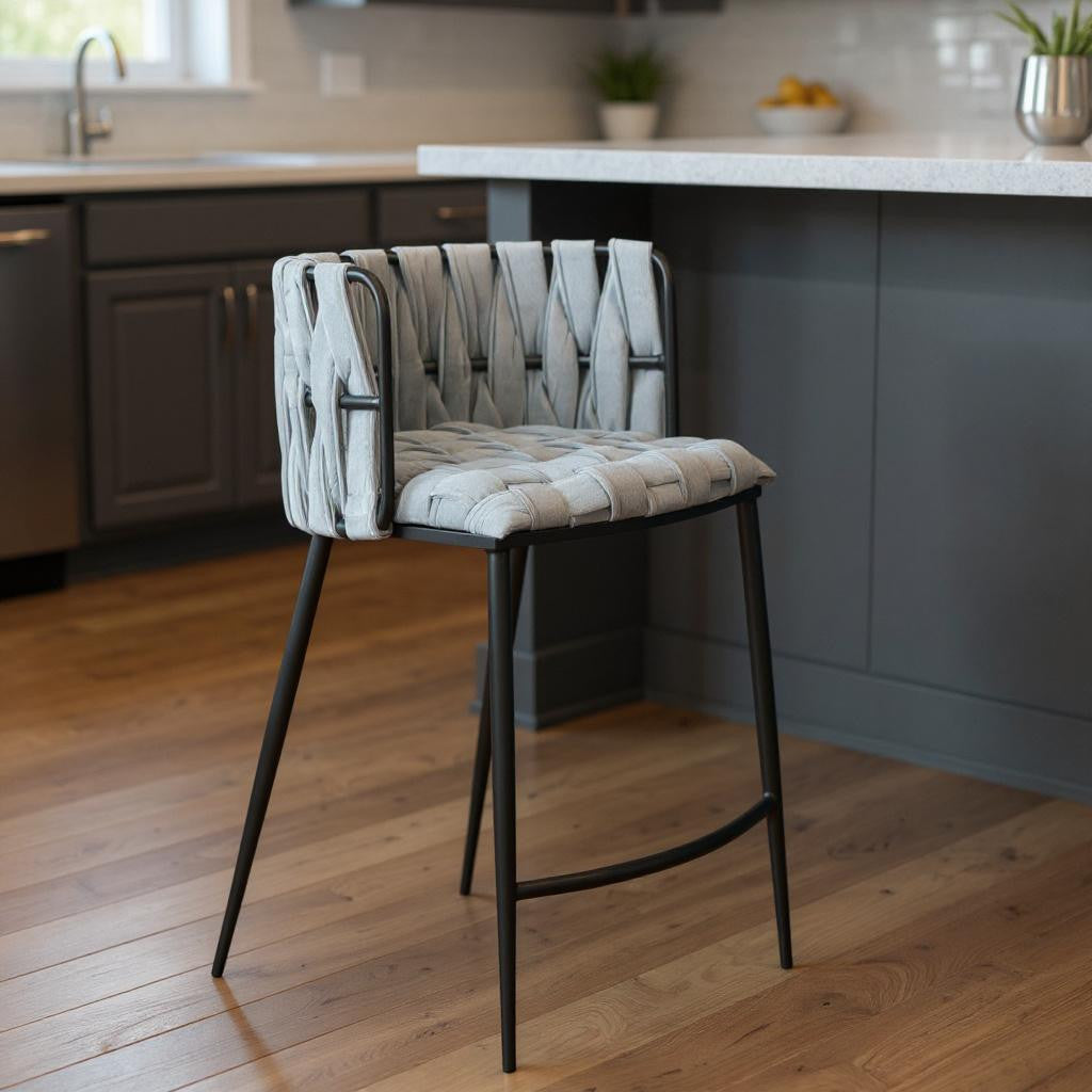 35" Velvet and Bouclé Woven Bar Chair