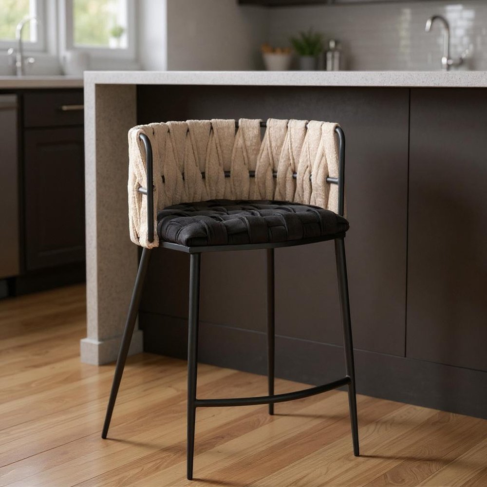 35" Velvet and Bouclé Woven Bar Chair