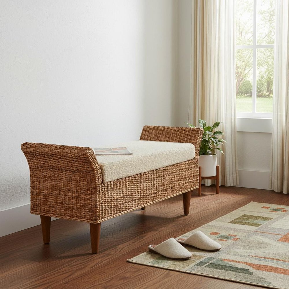 40" Brown Wood and Rattan Bench with Storage