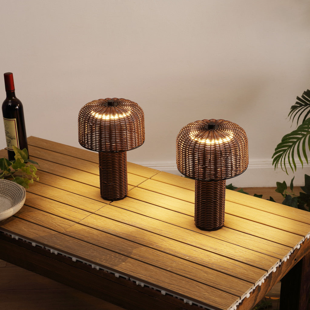 Set of Two 10" Brown Mushroom Table Lamp with USB Port