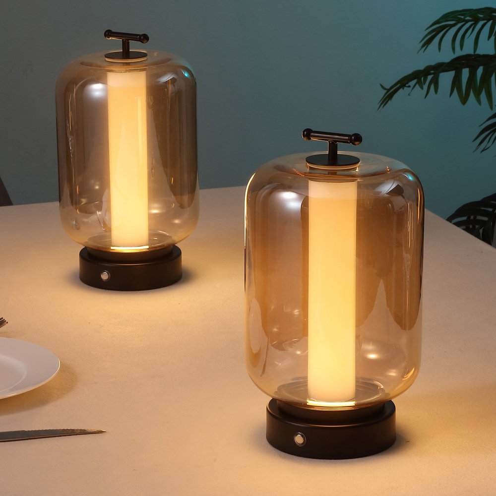 Set of Two 11" Black Industrial USB Table Lanterns