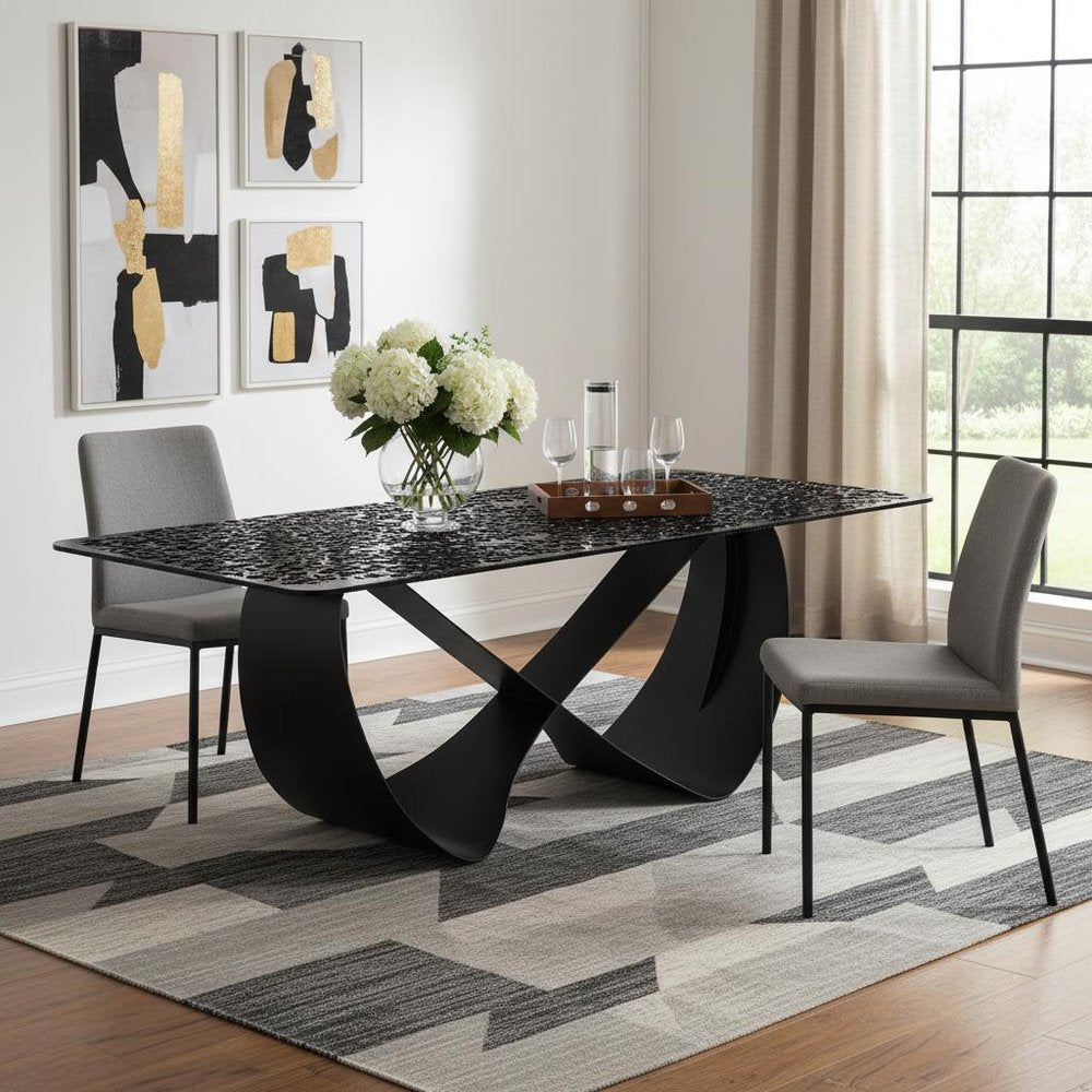 94" Black Gloss Glass and Metal Ribbon Dining Table