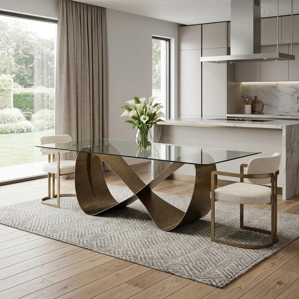 94" Bronze Metal and Glass Bow Dining Table