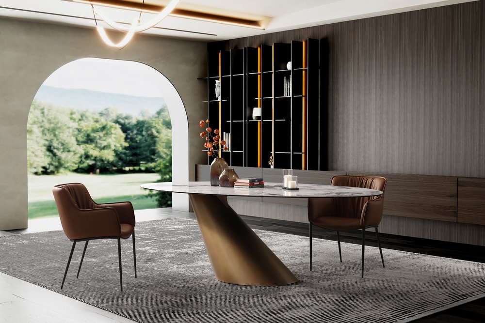 94" White, Gray, and Bronze Leaning Pedestal Dining Table