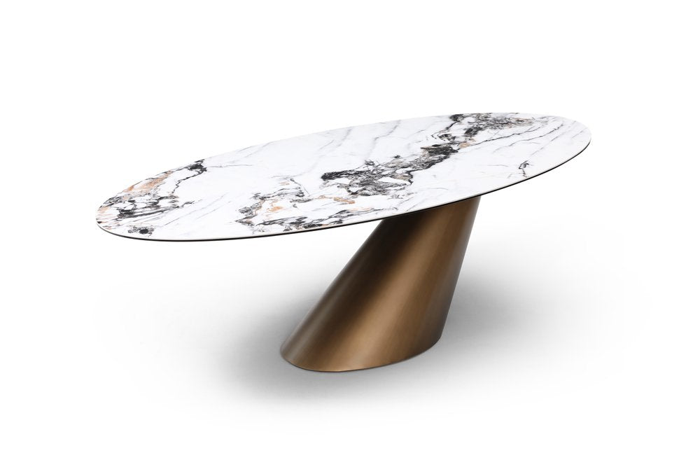 94" White, Gray, and Bronze Leaning Pedestal Dining Table