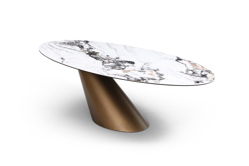 94" White, Gray, and Bronze Leaning Pedestal Dining Table