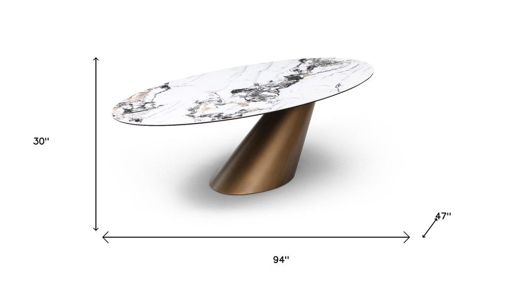 94" White, Gray, and Bronze Leaning Pedestal Dining Table