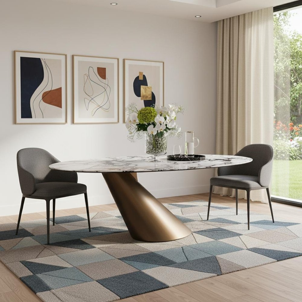 94" White, Gray, and Bronze Leaning Pedestal Dining Table