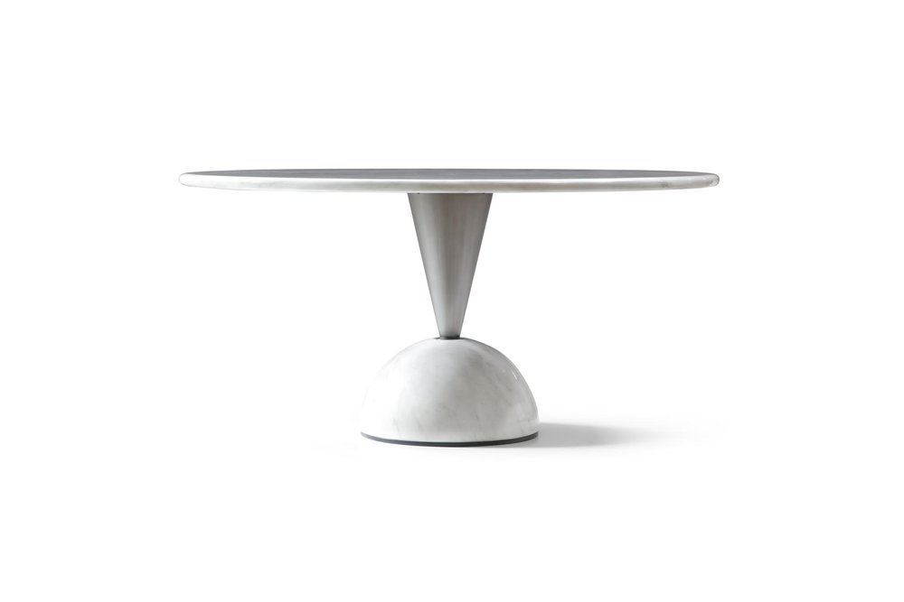 60" White Marble and Steel Round Pedestal Dining Table