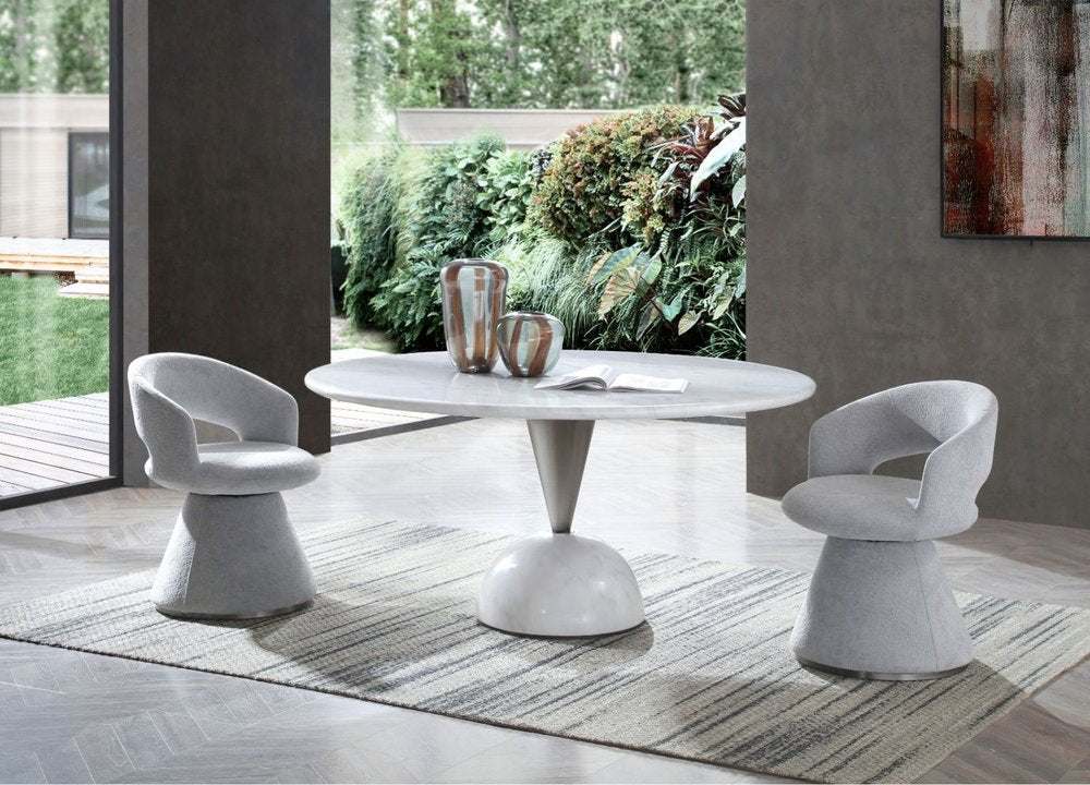 60" White and Silver Marble and Steel Pedestal Dining Table