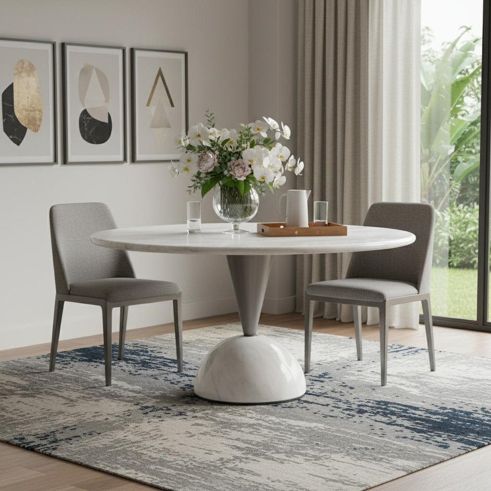 60" White and Silver Marble and Steel Pedestal Dining Table