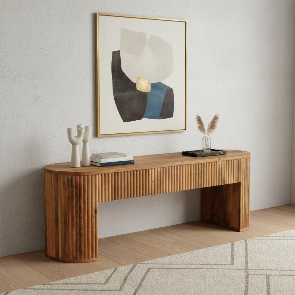 49" Oval Oak Wood Fluted Console Table
