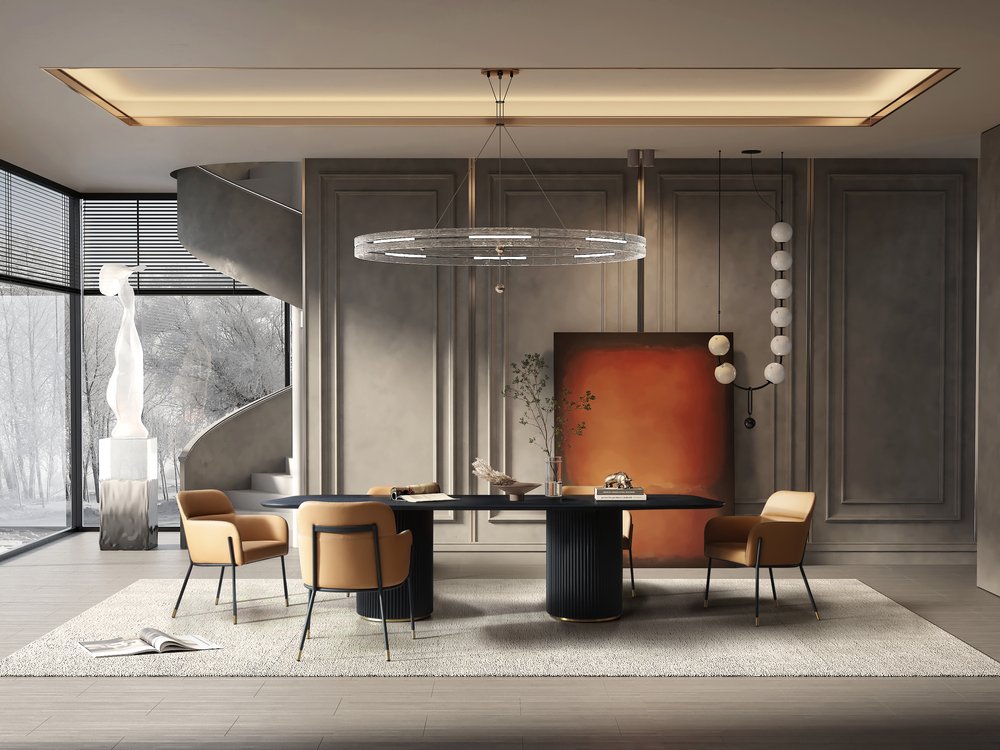 110" Black Fluted Wood Double Pedestal Dining Table